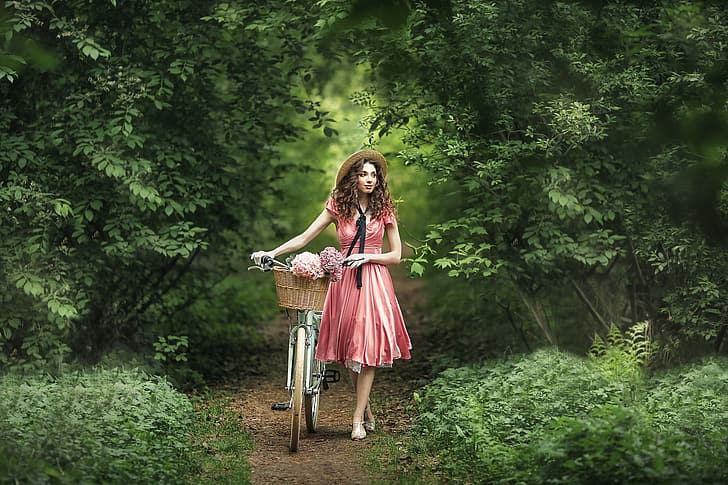 Niña, Flores, naturaleza, bicicleta, estado animico, cesta, vestir ...