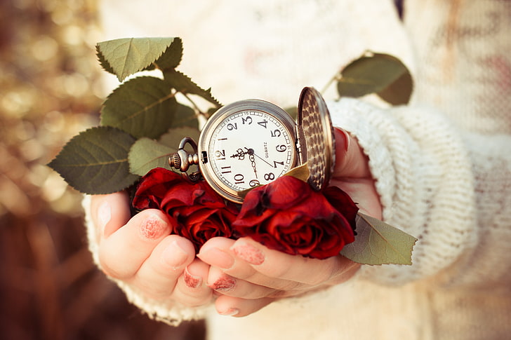 gold-colored pocket watch, leaves, time, watch, roses, hands, dial, sweater, answers, HD wallpaper