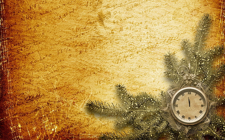gray analog pocket watch, background, holiday, watch, new year, spruce, branch, gold, words, midnight, HD wallpaper