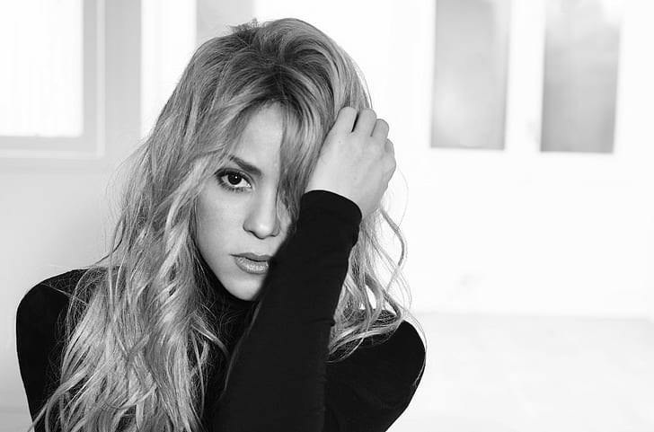 Shakira, singer, grayscale of woman, singer, blonde, black and white, Shakira, HD wallpaper