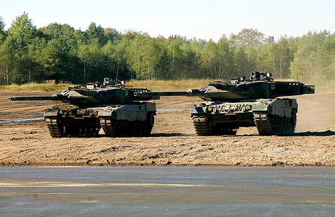 two gray artillery tanks, polygon, exercises, Leopard 2A6, The German armed forces, German battle tanks, HD wallpaper HD wallpaper