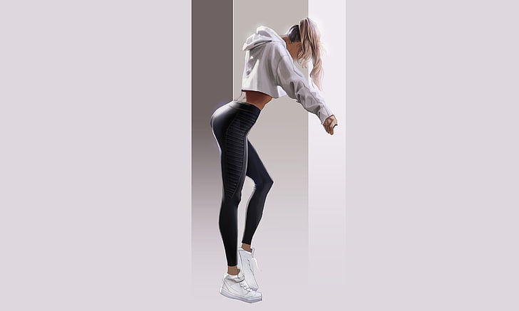 women, artwork, yoga pants, arched back, simple background, HD wallpaper