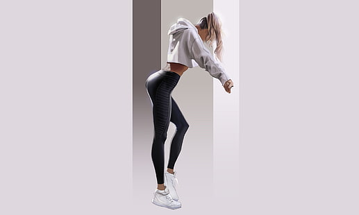 women, artwork, yoga pants, arched back, simple background, HD wallpaper HD wallpaper