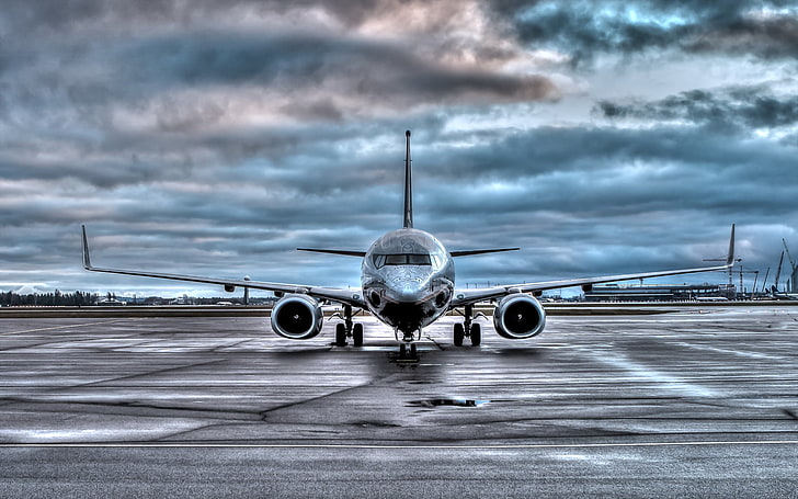 srebrny samolot pasażerski, lotnisko, samolot, Boeing 737, Tapety HD