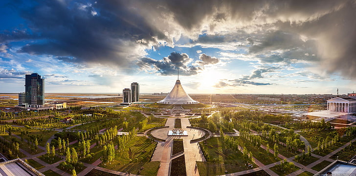city skyline, the sky, clouds, trees, Park, home, skyscraper, Astana, Kazakhstan, Khan Shatyr, HD wallpaper