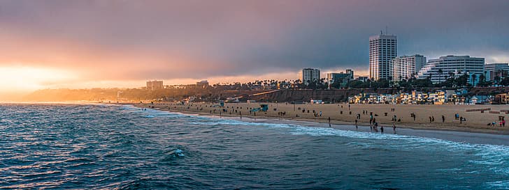 ABD, Kaliforniya, Los Angeles, Santa Monica, plaj, gün batımı, Pasifik Okyanusu, manzara, ultra geniş, HD masaüstü duvar kağıdı
