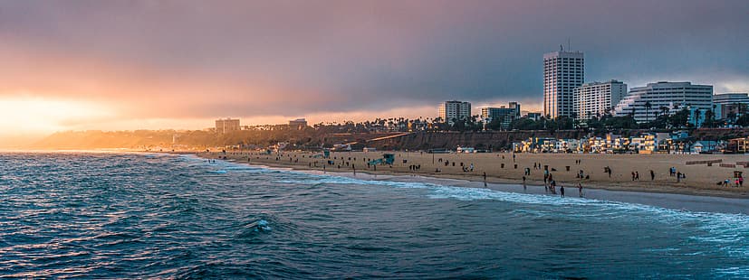 สหรัฐอเมริกาแคลิฟอร์เนียลอสแองเจลิสซานตาโมนิกาชายหาดพระอาทิตย์ตกมหาสมุทรแปซิฟิกภูมิทัศน์ ultrawide, วอลล์เปเปอร์ HD HD wallpaper