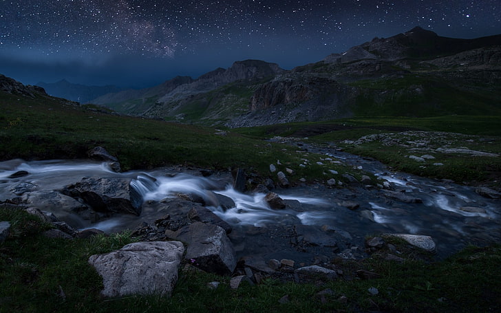 landscape, nature, starry night, sky, mountains, river, grass, national park, France, long exposure, HD wallpaper