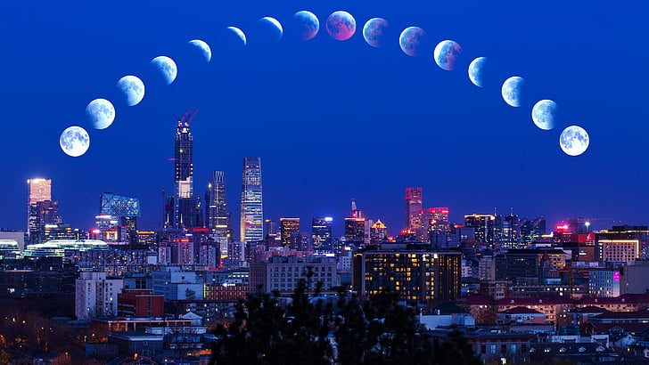 ночь, мегаполис, китай, пекин, фотография, башенный блок, фотография, небоскреб, лунный, лунное затмение, небо, затмение, луна, ориентир, горизонт, город, городской пейзаж, HD обои