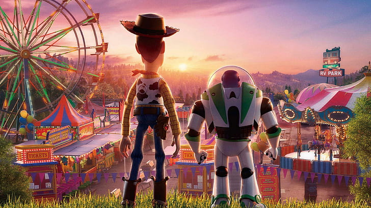 Movie, Toy Story 4, Buzz Lightyear, Carnival, Ferris Wheel, Hat, Sun, Sunset, Toy, Woody (Toy Story), HD тапет