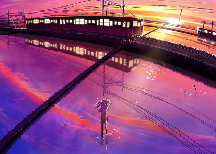 paisaje, tren, puesta de sol, anime, arrozal, personajes originales, chicas anime, Fondo de pantalla HD