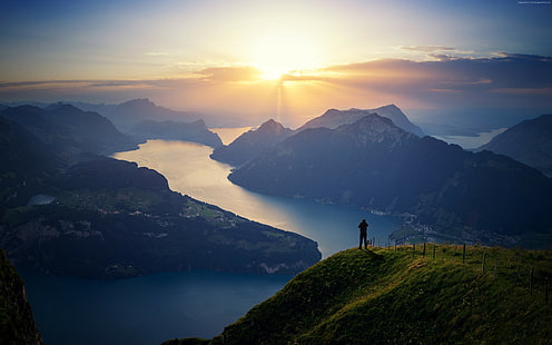 landscape, lake, Switzerland, mountain, Lake Lucerne, 4k, HD wallpaper HD wallpaper