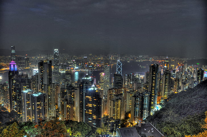 aerial view of high-rise buildings, hong kong, victoria peak, hong kong, victoria peak, Victoria Peak, aerial view, high-rise buildings, HDR, Photomatix Pro, Hong Kong Island, Asia, night, skyscrapers, Bank of China Tower, Tower  International, International Finance Centre, IFC, Cheung Kong Center, HK, International Commerce Centre, ICC, Tower, TST, West Kowloon, Tsim Sha Tsui, Mount Austin, hong Kong, cityscape, urban Skyline, china - East Asia, skyscraper, architecture, downtown District, urban Scene, city, business, famous Place, HD wallpaper