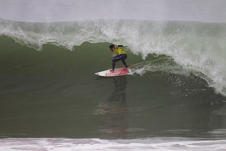 wave, surfer, surfing, extreme sports, surfboard, machine, Adriano de Souza, HD wallpaper