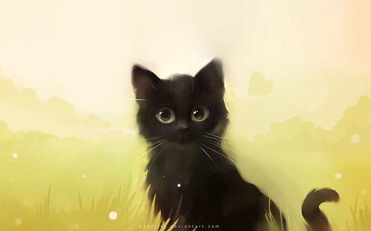 black kitten illustration, cat, painting, Apofiss, black cats, HD wallpaper