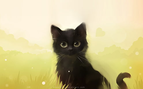 иллюстрация черного котенка, кот, живопись, апофис, черные коты, HD обои HD wallpaper