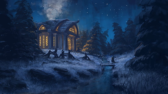 Фантазия, къща, нощ, зима, HD тапет HD wallpaper
