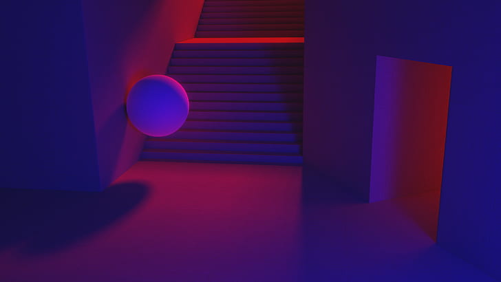 render, Blender, architecture, blue light, red light, concrete, blue, red, minimalism, material minimal, stairs, neon, CGI, abstract, digital art, HD wallpaper