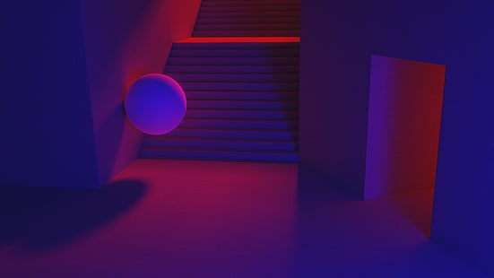 render, Blender, architecture, blue light, red light, concrete, blue, red, minimalism, material minimal, stairs, neon, CGI, abstract, digital art, HD wallpaper HD wallpaper
