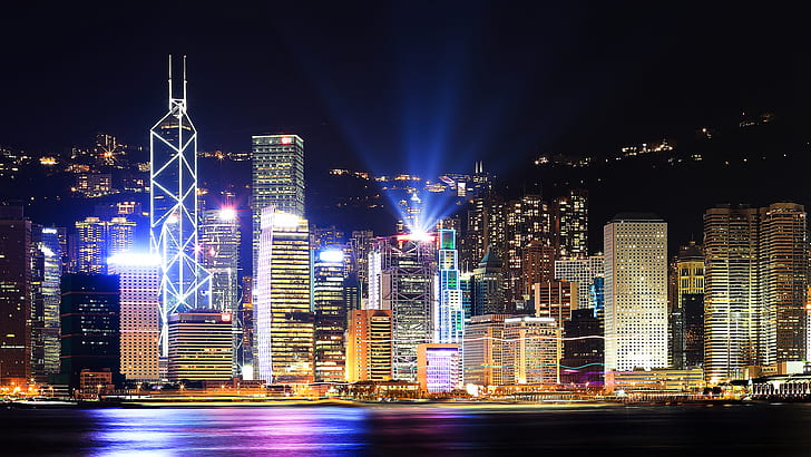 Хонконгски сгради Небостъргачи Нощни светлини HD, нощ, сгради, градски пейзаж, небостъргачи, светлини, Конг, Хонг, HD тапет