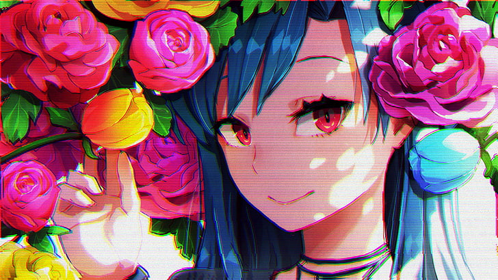 female anime character, anime girls, red eyes, glitch art, flowers, blue hair, HD wallpaper