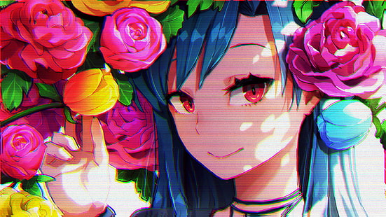 personaggio anime femminile, anime girls, occhi rossi, glitch art, fiori, capelli blu, Sfondo HD HD wallpaper