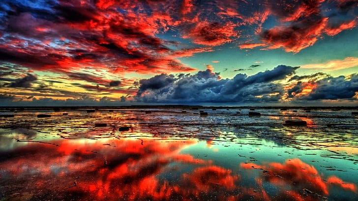 湖、赤い空、雲、自然、水景、反射、赤い雲、美しい、穏やかな、空、雲、水、 HDデスクトップの壁紙