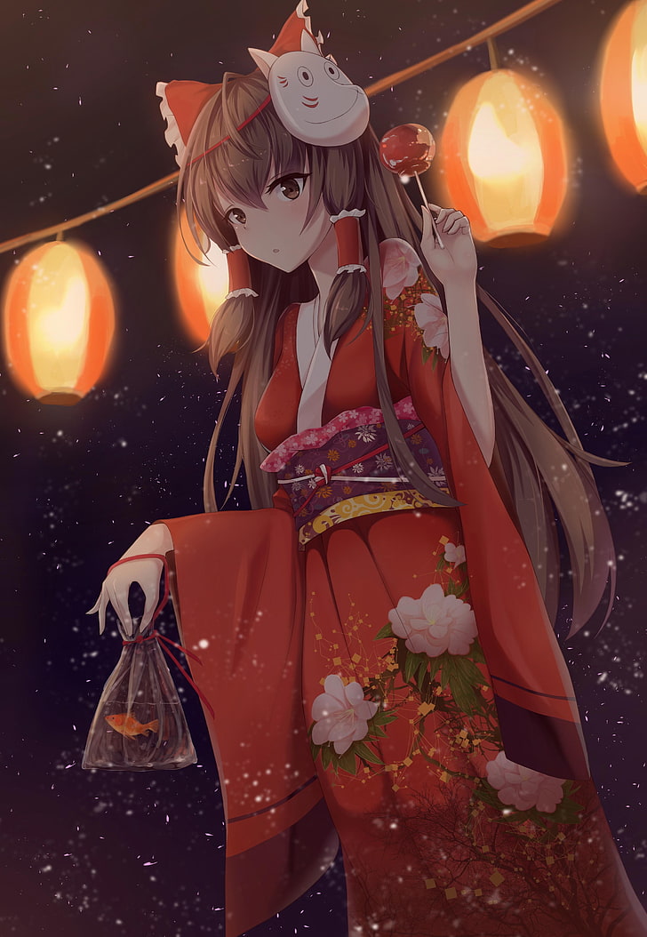 hakurei reimu, kimono, lanterns, mask, festival, touhou, brown hair, Anime, HD wallpaper