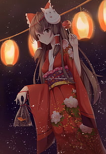 hakurei reimu, kimono, lentera, topeng, festival, touhou, rambut cokelat, Anime, Wallpaper HD HD wallpaper