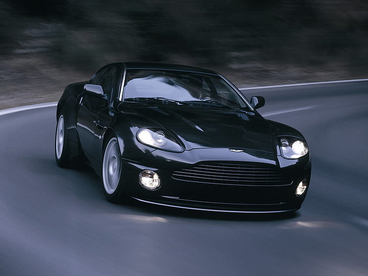 black Aston Martin coupe, aston martin, v12, vanquish, 2004, black, front view, asphalt, HD wallpaper