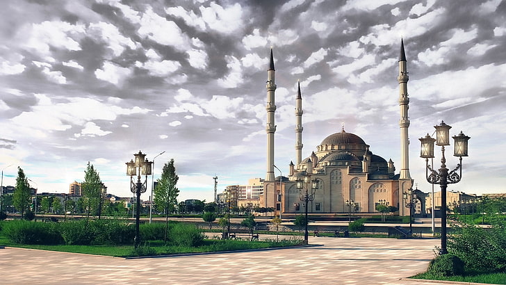 white mosque, chechnya, grozny, mosque, summer, lawns, HD wallpaper