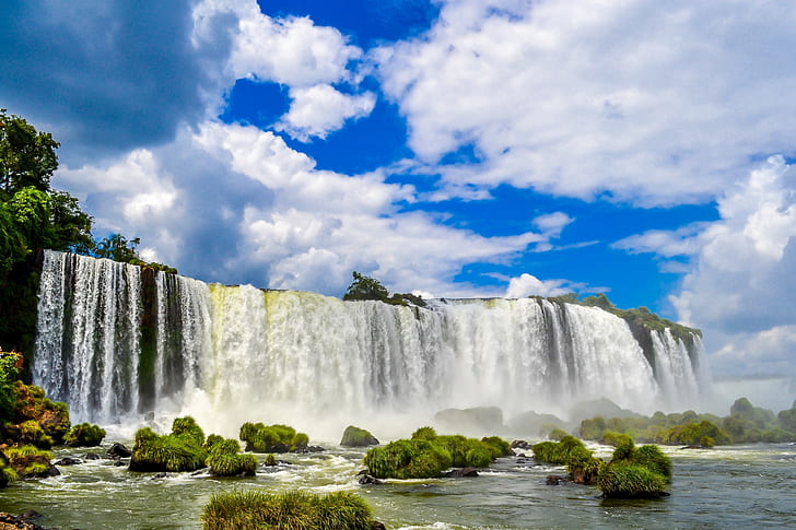 Водопад Игуасу, Бразилия, бели водопади, небе, облаци, Бразилия, падания, водопади Игуасу, подутини, HD тапет