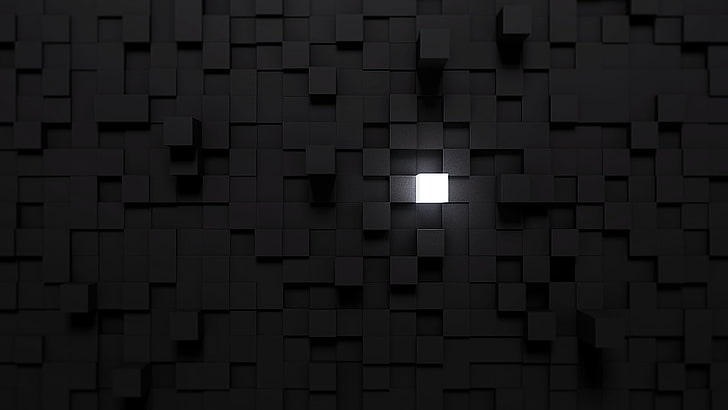 beige concrete board with hole, cube, lights, Blender, minimalism, black, white, HD wallpaper