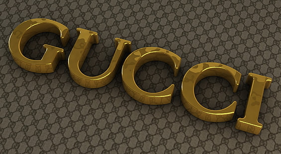 Gucci-logotyp, guld Gucci-präglad logotyp, konstnärlig, 3D, studio, logotyp, varumärke, kläder, gucci, gyllene, mönster, HD tapet HD wallpaper