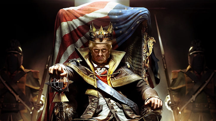 мужчина в короне, сидящий на кресле, иллюстрация, Дональд Трамп, США, политика, год 2016, президенты, Assassin's Creed, HD обои