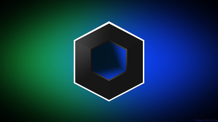 logotipo hexagonal blanco y negro, cubo, abstracto, azul, verde, borroso, 3D, degradado, Fondo de pantalla HD