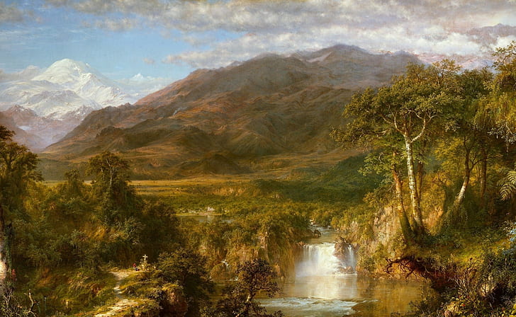 Painting, Canvas, Art, Falls, Mountains, Greatness, Oil, HD wallpaper