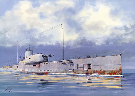 海の絵画、水、ボート、図、アート、水中の灰色の潜水艦、第二次世界大戦、潜水艦、フランス、Surcouf、ディーゼル、 HDデスクトップの壁紙 HD wallpaper