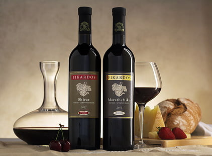 สองขวดและแก้วไวน์ไซปรัสไซปรัส Maratheftiko Shiraz ไวน์, วอลล์เปเปอร์ HD HD wallpaper