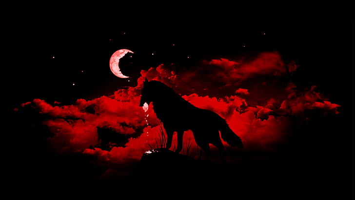 밤, 달, 판타지 아트, 늑대, 동물, HD 배경 화면