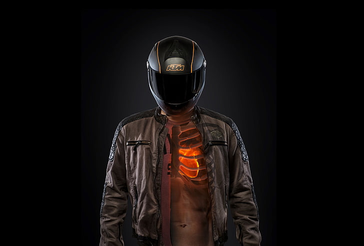 veste brune pour homme, coeur, casque, fond noir, KTM, torse, motocycliste, motocycliste, côtes, Fond d'écran HD
