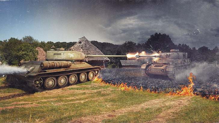 gray battle tank, fire, Germany, tank, USSR, A IV, tanks, WoT, World of Tanks, T-34-85, Wargaming.Net, Pz4 hydro, HD wallpaper