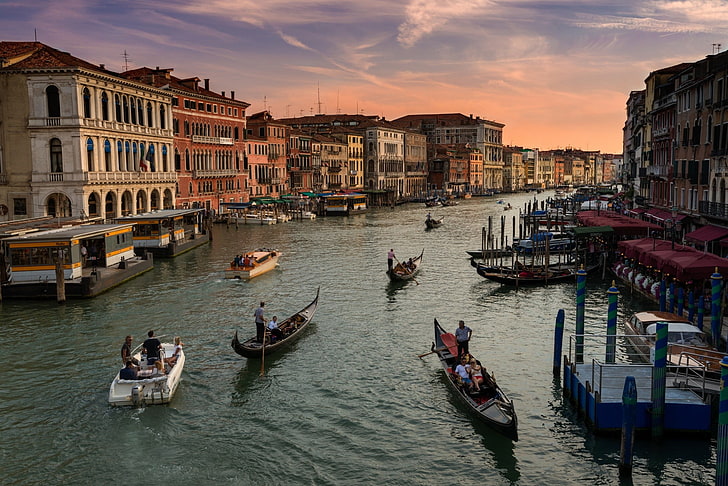 stor kanal, stad, landskap, himmel, kväll, Venezia Canal Grande, båt, Venedig, HD tapet