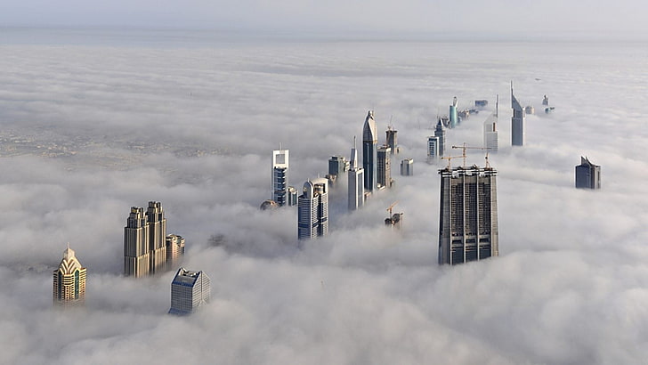 immeubles de grande hauteur, nuages, Dubaï, ciel, vue plongeante, vue aérienne, horizon, paysage urbain, Fond d'écran HD