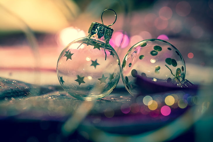 Christmas, Christmas ornaments, glass, bokeh, HD wallpaper