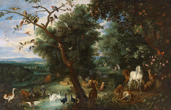 картина, митология, Ян Брейгел по-големият, Адам и Ева в райската градина, HD тапет