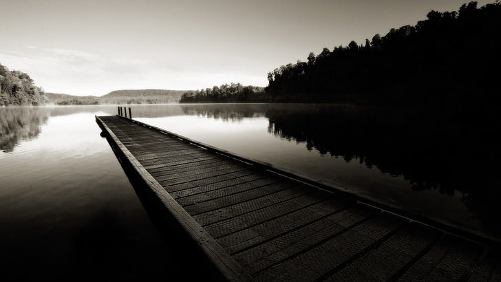 wooden dock bridge, landscape, lake, dark, monochrome, reflection, sepia, water, pier, nature, HD wallpaper