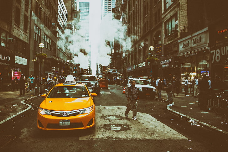 黄色のトヨタタクシー車、黄色、マンハッタン、ニューヨーク、ニューヨーク市、ストリート、タクシー、ミッドタウン、 HDデスクトップの壁紙