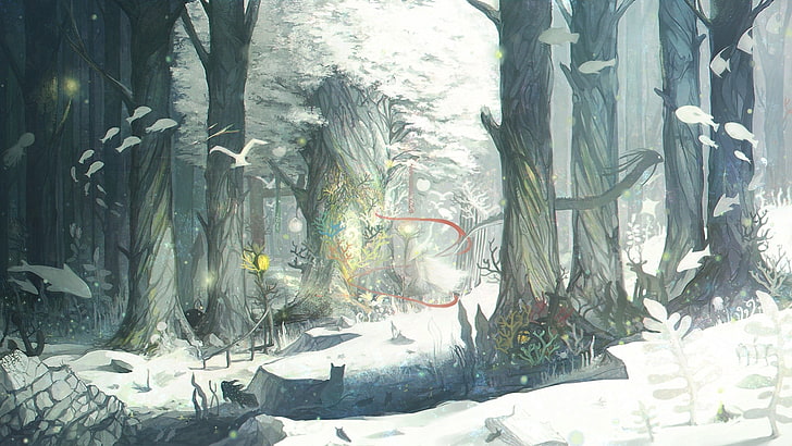 illustration de la forêt, hiver, neige, forêt, arbres, poisson, oiseaux, animaux, art fantastique, art numérique, Fond d'écran HD
