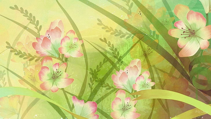 Spring One, spring, firefox persona, layer, floral, summer, green, pink, flowers, 3d and abstract, HD wallpaper